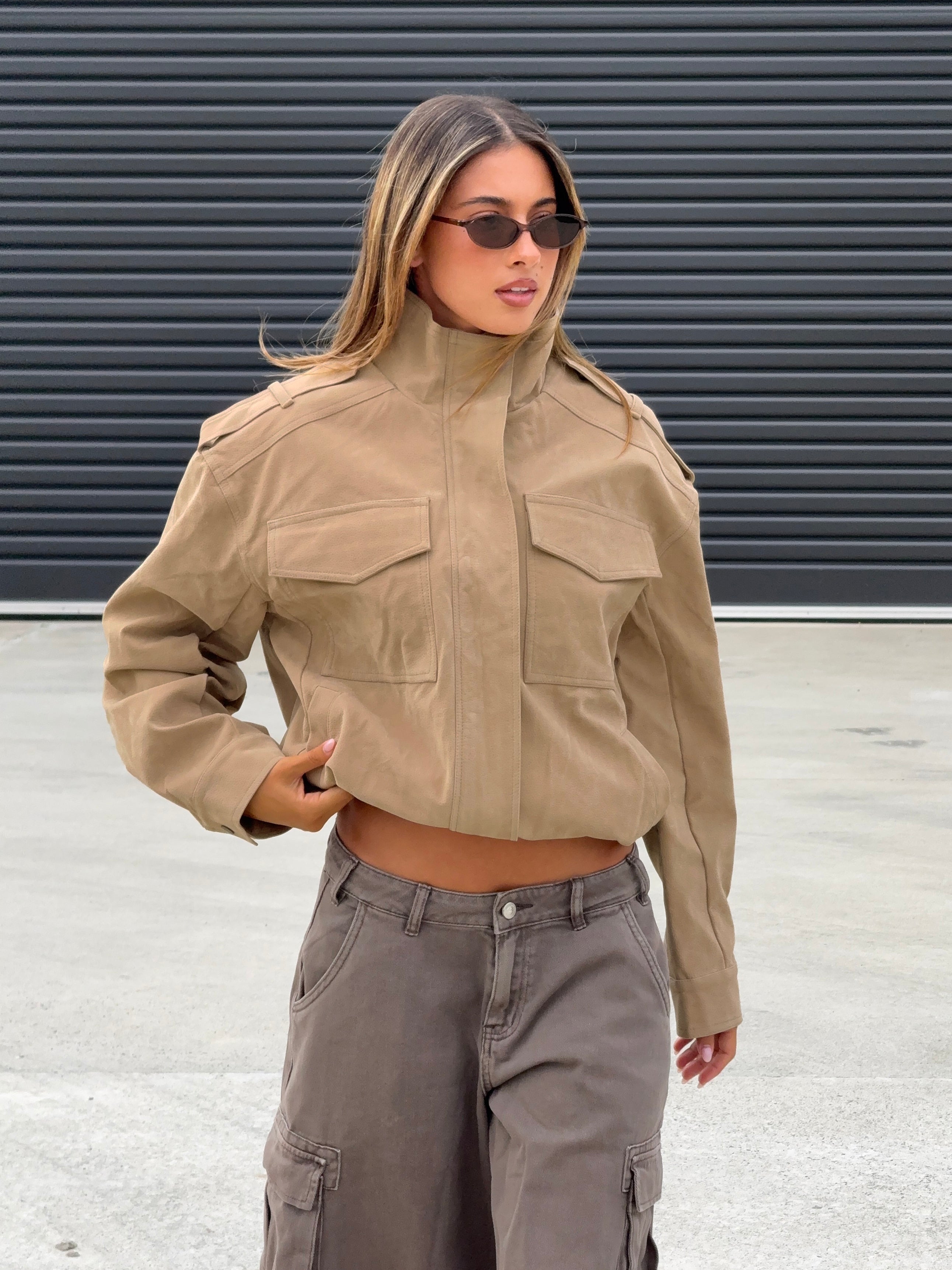 Femora Double Life Funnel Neck Cargo Jacket for Women – Beige