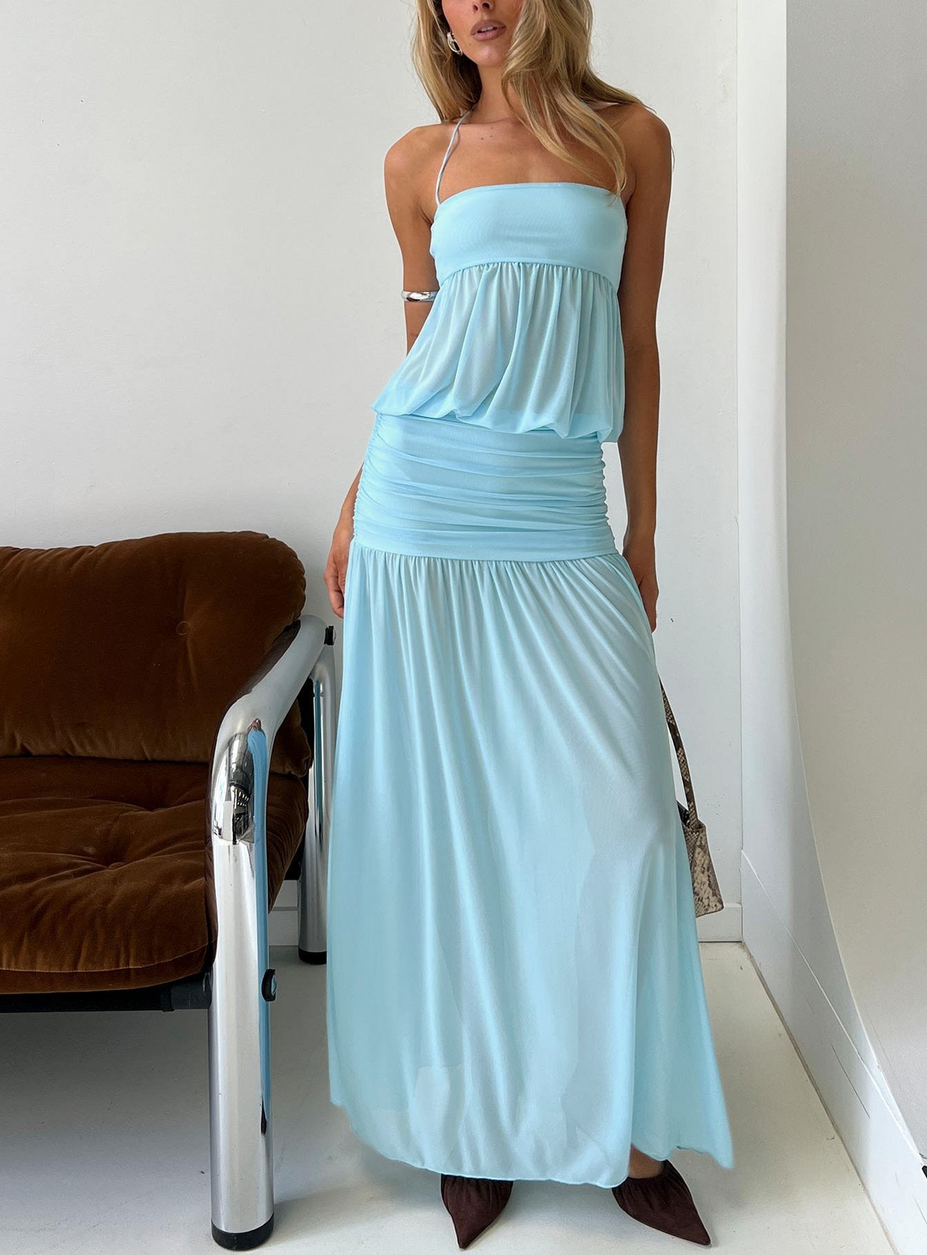 femora Jesemia Halter Blouson Maxi Dress Blue – Blue Halter Neck Blouson Evening Maxi Dress