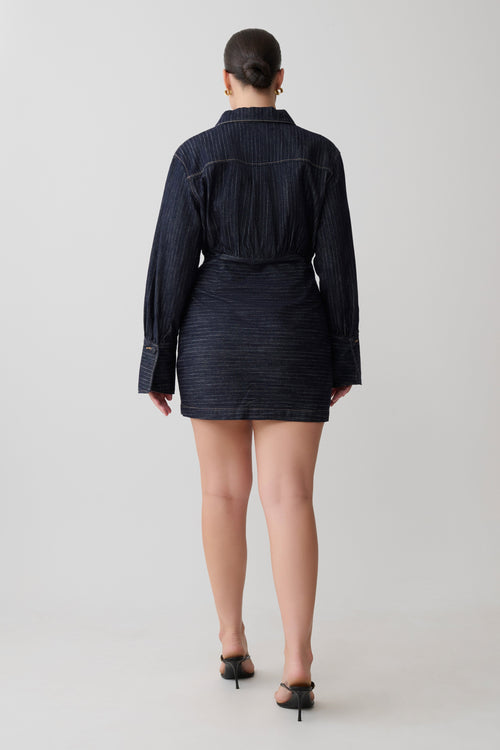 Zarah Denim Long Sleeve Mini Dress - Indigo Pinstripe
